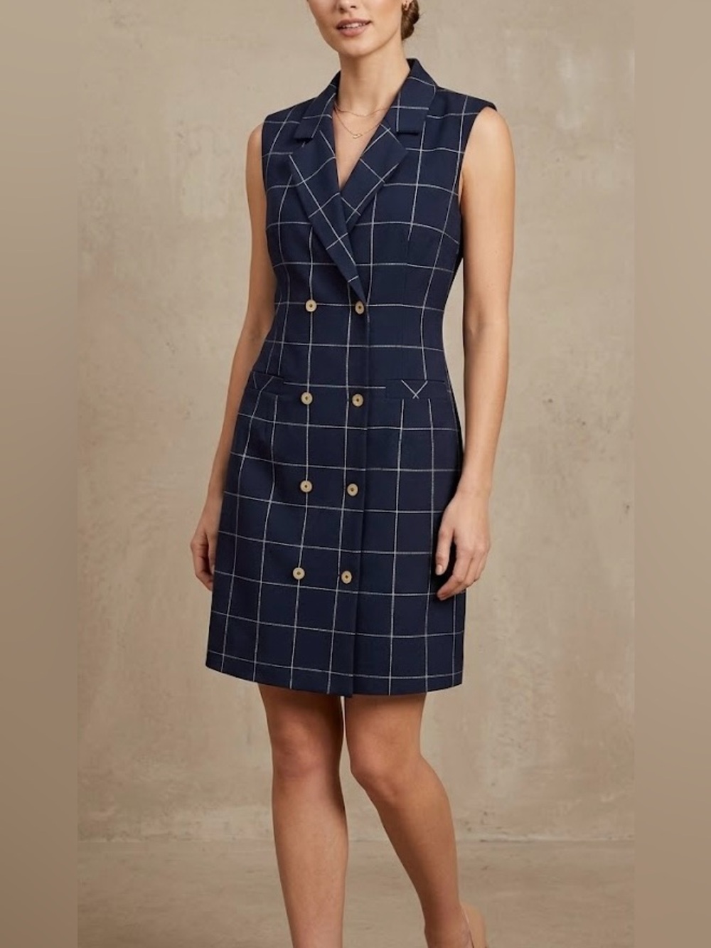 Sharagano Women’s Navy Windowpane Double-Breasted Mini Dress Size 10/10